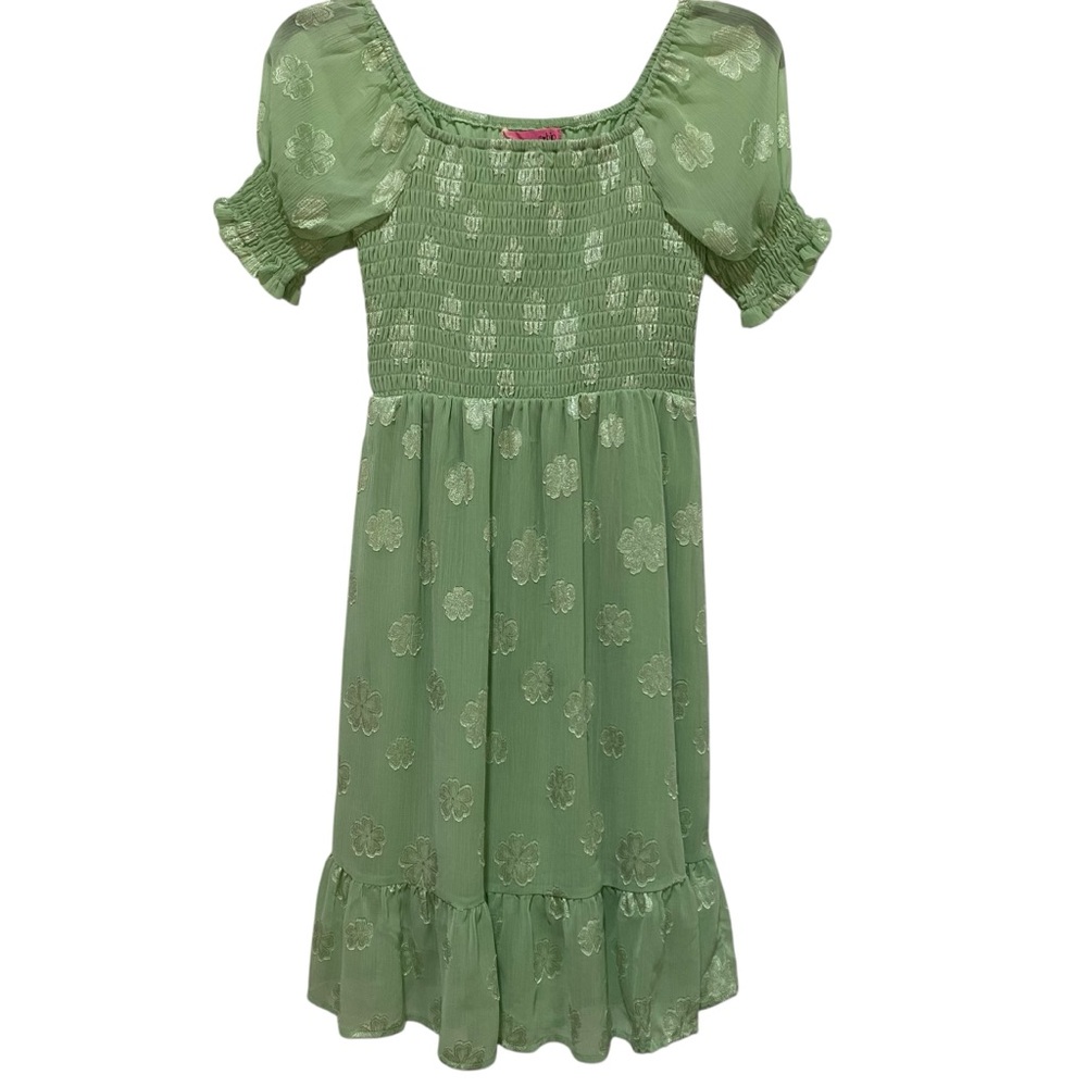 2•HIP Dress Green Size 12 Short Sleeve Smocked Top Semi-Sheer Fully Lined